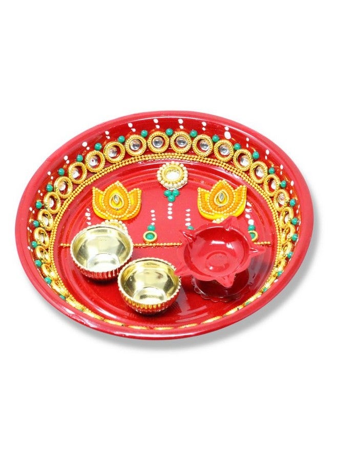 JH Gallery Handmade Decorative Pooja Thali, Puja Plate, Karwachauth Thali Set, Diwali Gift Items, Decorative Items for Pooja, Aarti Thali Decorative - 6 inches(PTS-003) - Image 1
