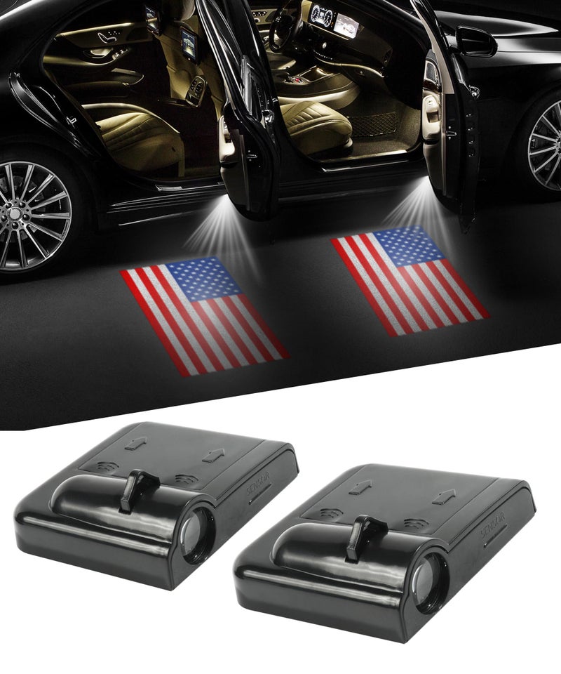 bylikeho 2Pcs Car Door Lights,Door Lights Logo Projector,Car Accessories HD Car Welcome Light,Door Sill Lights Wireless LED Door Paste Courtesy Light,Car Door Lights Logo (Red American Flag) - Image 1