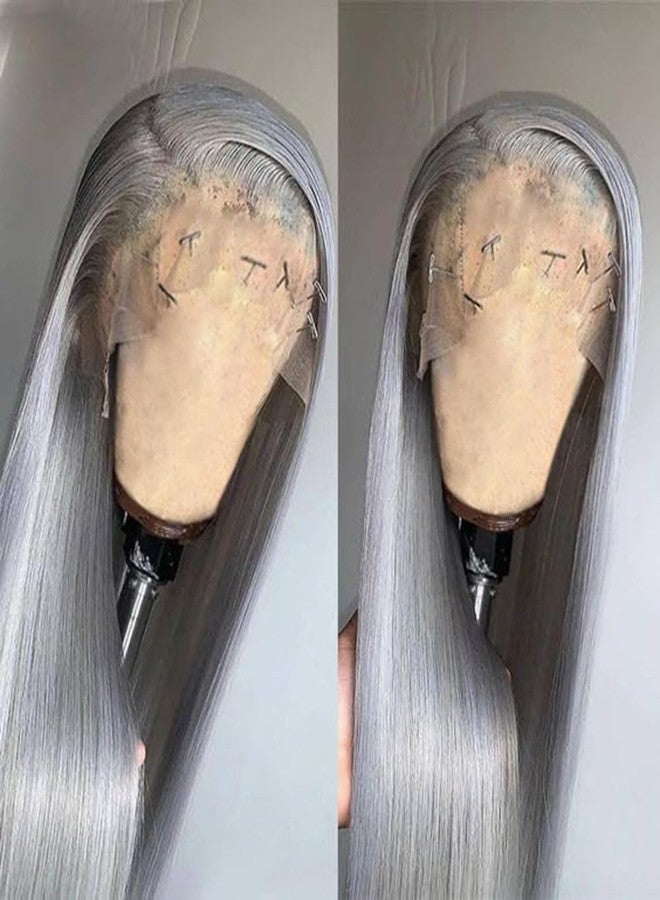 Smartinnov Glueless Grey Human Hair Wigs Pre Plucked 13x4 HD Transparent Lace Front 24 Inch Silver Grey Lace Frontal Wig for Women 150% Density Light Bleached with Baby Hair - Image 2