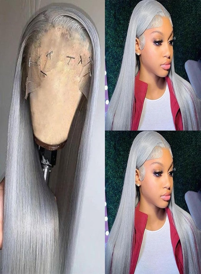 Smartinnov Glueless Grey Human Hair Wigs Pre Plucked 13x4 HD Transparent Lace Front 24 Inch Silver Grey Lace Frontal Wig for Women 150% Density Light Bleached with Baby Hair - Image 1