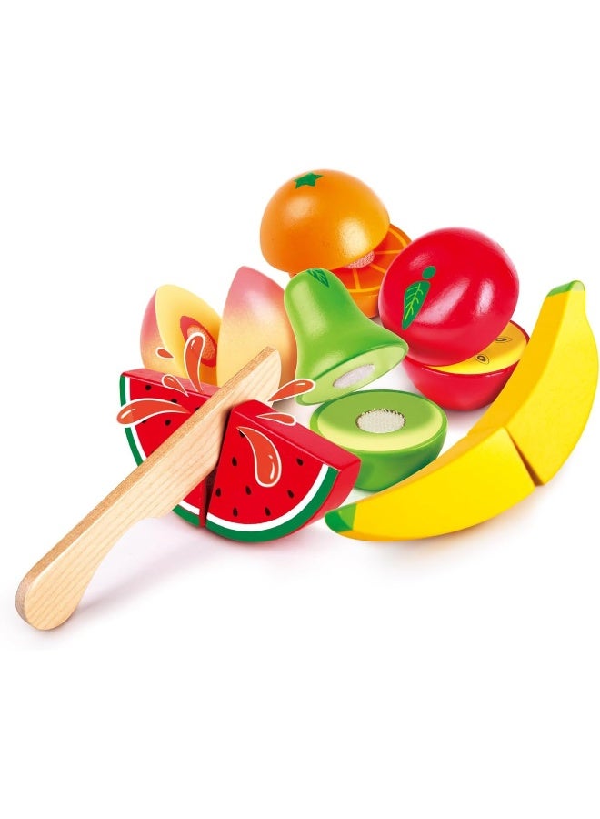 Hape Farm Shop Fruit Playset, 7 pcs Wooden Slicing Fruit Set | Peach, Pear, Orange, Apple, Banana, Watermelon | Educational Pretend Play Toy for Kids 3+ | Crunching Sound | Pretend Playset - Image 1