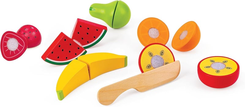 Hape Farm Shop Fruit Playset, 7 pcs Wooden Slicing Fruit Set | Peach, Pear, Orange, Apple, Banana, Watermelon | Educational Pretend Play Toy for Kids 3+ | Crunching Sound | Pretend Playset - Image 2