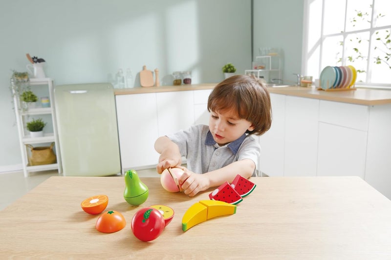 Hape Farm Shop Fruit Playset, 7 pcs Wooden Slicing Fruit Set | Peach, Pear, Orange, Apple, Banana, Watermelon | Educational Pretend Play Toy for Kids 3+ | Crunching Sound | Pretend Playset - Image 3