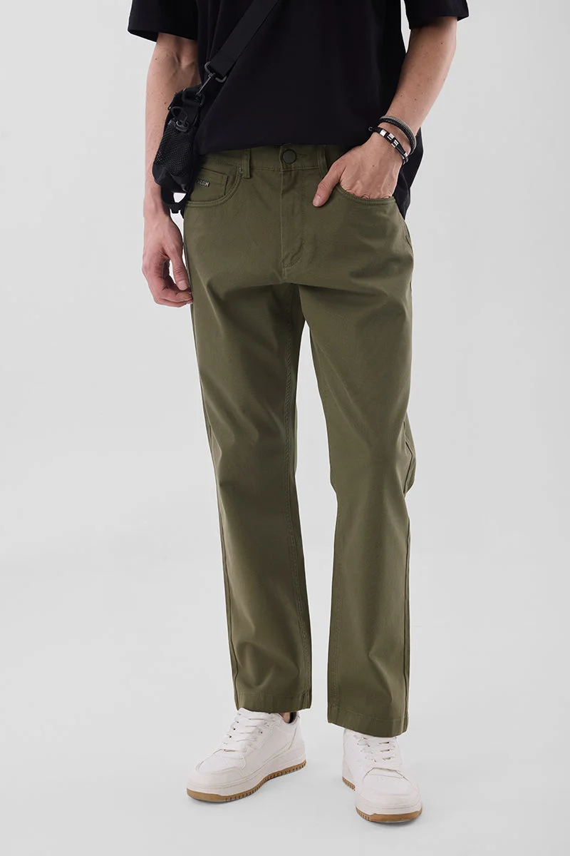SNITCH Olive Olive Mid Rise Slim Fit Trousers for Men | Best Price UAE