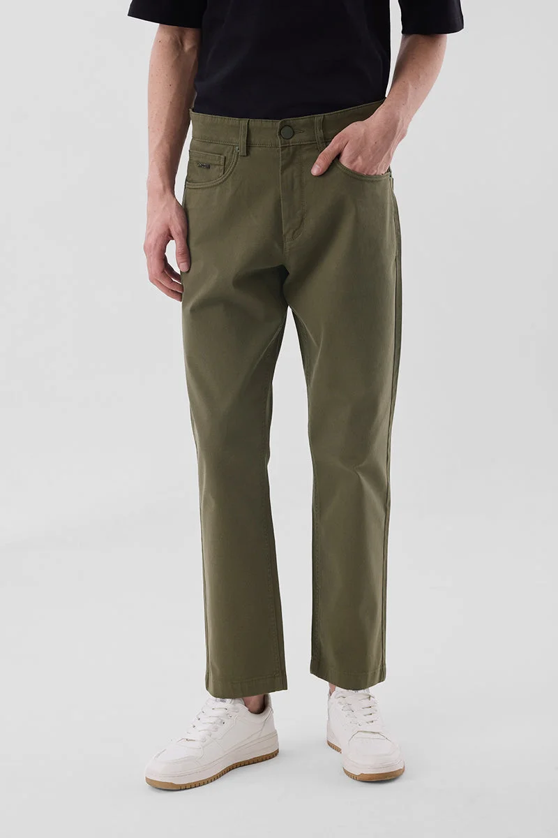 SNITCH Olive Olive Mid Rise Slim Fit Trousers for Men | Best Price UAE