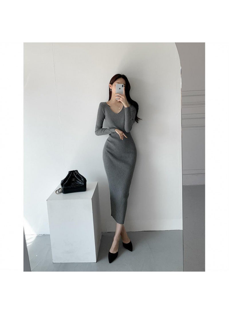 Generic Chic V-neck Knitted Slimming Dress Womens Autumn Winter Base Layer Skirt Slimming Versatile Long Dress Street Style Cotton Grey (regular version) 