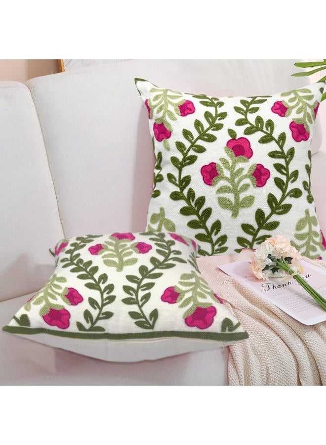 Alysheer Floral Embroidered Summer Decorative Throw Pillow Covers 20"x 20" Set of 2, Farmhouse Cottage Hot Pink Flowers Green Leaves Knit Pattern Cotton Canvas Cushion Case for Couch Bed Living Room - Image 4