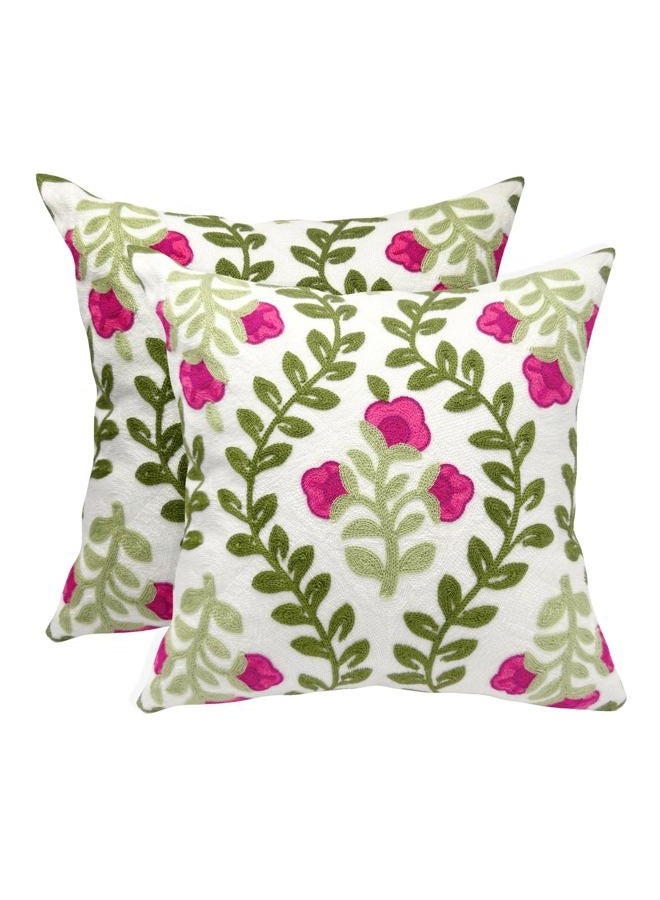 Alysheer Floral Embroidered Summer Decorative Throw Pillow Covers 20"x 20" Set of 2, Farmhouse Cottage Hot Pink Flowers Green Leaves Knit Pattern Cotton Canvas Cushion Case for Couch Bed Living Room - Image 1