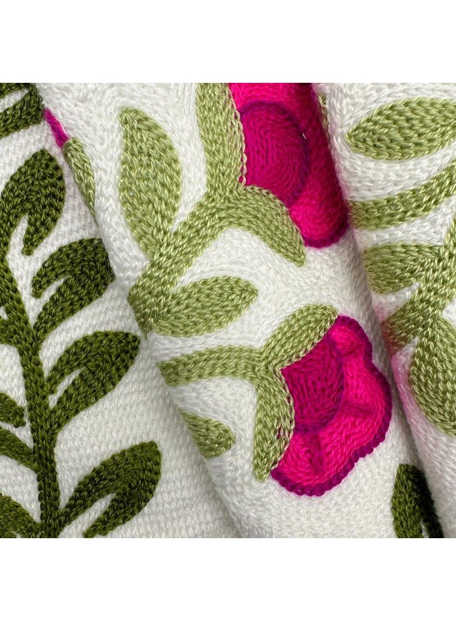 Alysheer Floral Embroidered Summer Decorative Throw Pillow Covers 20"x 20" Set of 2, Farmhouse Cottage Hot Pink Flowers Green Leaves Knit Pattern Cotton Canvas Cushion Case for Couch Bed Living Room - Image 5