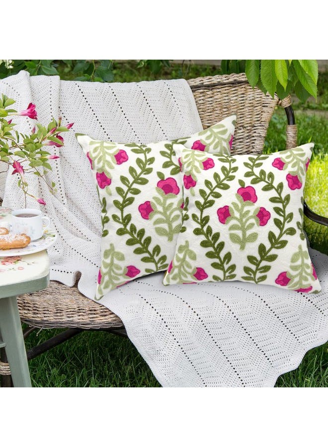 Alysheer Floral Embroidered Summer Decorative Throw Pillow Covers 20"x 20" Set of 2, Farmhouse Cottage Hot Pink Flowers Green Leaves Knit Pattern Cotton Canvas Cushion Case for Couch Bed Living Room - Image 3