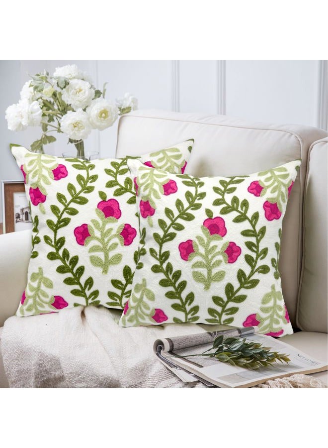 Alysheer Floral Embroidered Summer Decorative Throw Pillow Covers 20"x 20" Set of 2, Farmhouse Cottage Hot Pink Flowers Green Leaves Knit Pattern Cotton Canvas Cushion Case for Couch Bed Living Room - Image 2