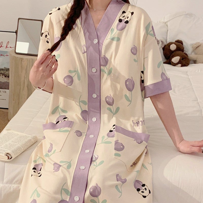 Summer Maternity Pajama Dress with Nursing Bra 58011 blue rose panda [with chest pad]]