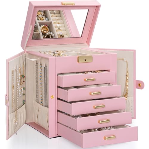 TORIBIO Large Jewelry Box for Women, Leather Jewelry Organizer with Mirror & Lock, 6-Tier Jewelry Storage Case for Girls/Women/Mothers, Necklace Earring Bracelets Holder Organizer - Image 1