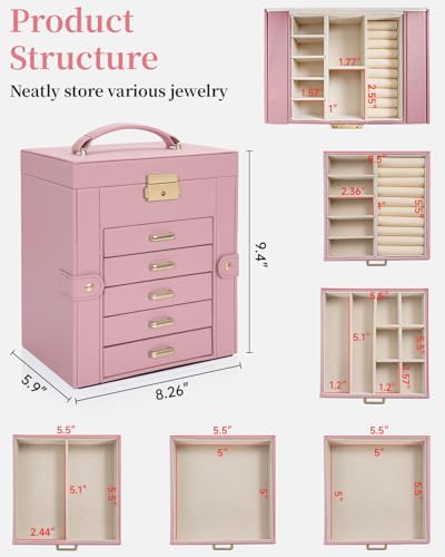 TORIBIO Large Jewelry Box for Women, Leather Jewelry Organizer with Mirror & Lock, 6-Tier Jewelry Storage Case for Girls/Women/Mothers, Necklace Earring Bracelets Holder Organizer - Image 2