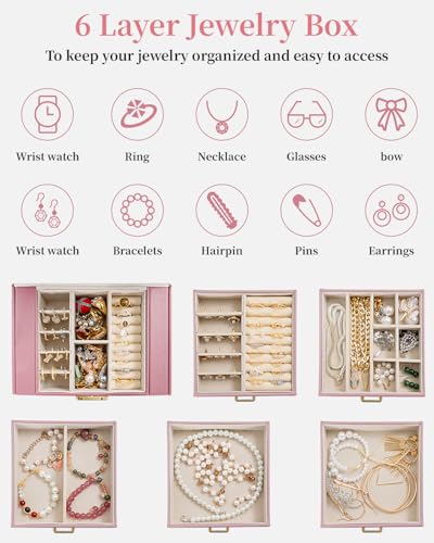 TORIBIO Large Jewelry Box for Women, Leather Jewelry Organizer with Mirror & Lock, 6-Tier Jewelry Storage Case for Girls/Women/Mothers, Necklace Earring Bracelets Holder Organizer - Image 4