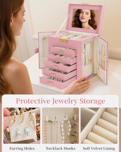TORIBIO Large Jewelry Box for Women, Leather Jewelry Organizer with Mirror & Lock, 6-Tier Jewelry Storage Case for Girls/Women/Mothers, Necklace Earring Bracelets Holder Organizer - Image 5