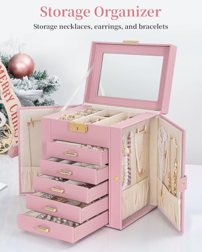 TORIBIO Large Jewelry Box for Women, Leather Jewelry Organizer with Mirror & Lock, 6-Tier Jewelry Storage Case for Girls/Women/Mothers, Necklace Earring Bracelets Holder Organizer - Image 3