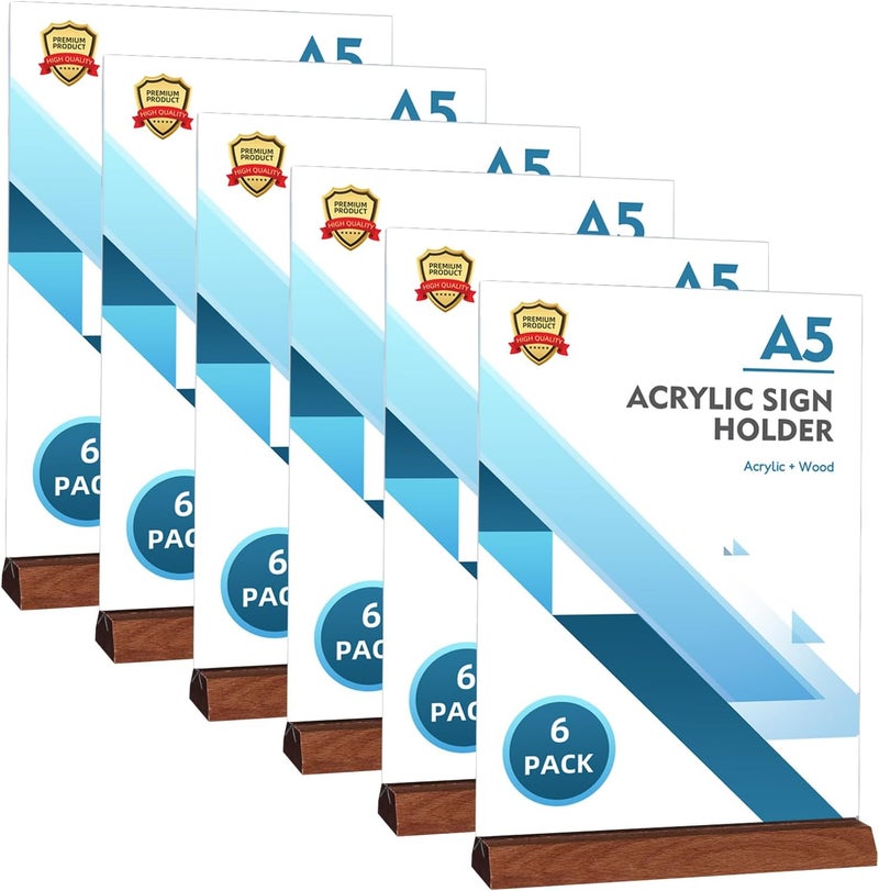 DONGLI A5 Acrylic Sign Holder,(6 Pack)T-Shape Wooden Base Poster Menu Holder,Plastic Display Stands Double Sided for Tables - Image 1