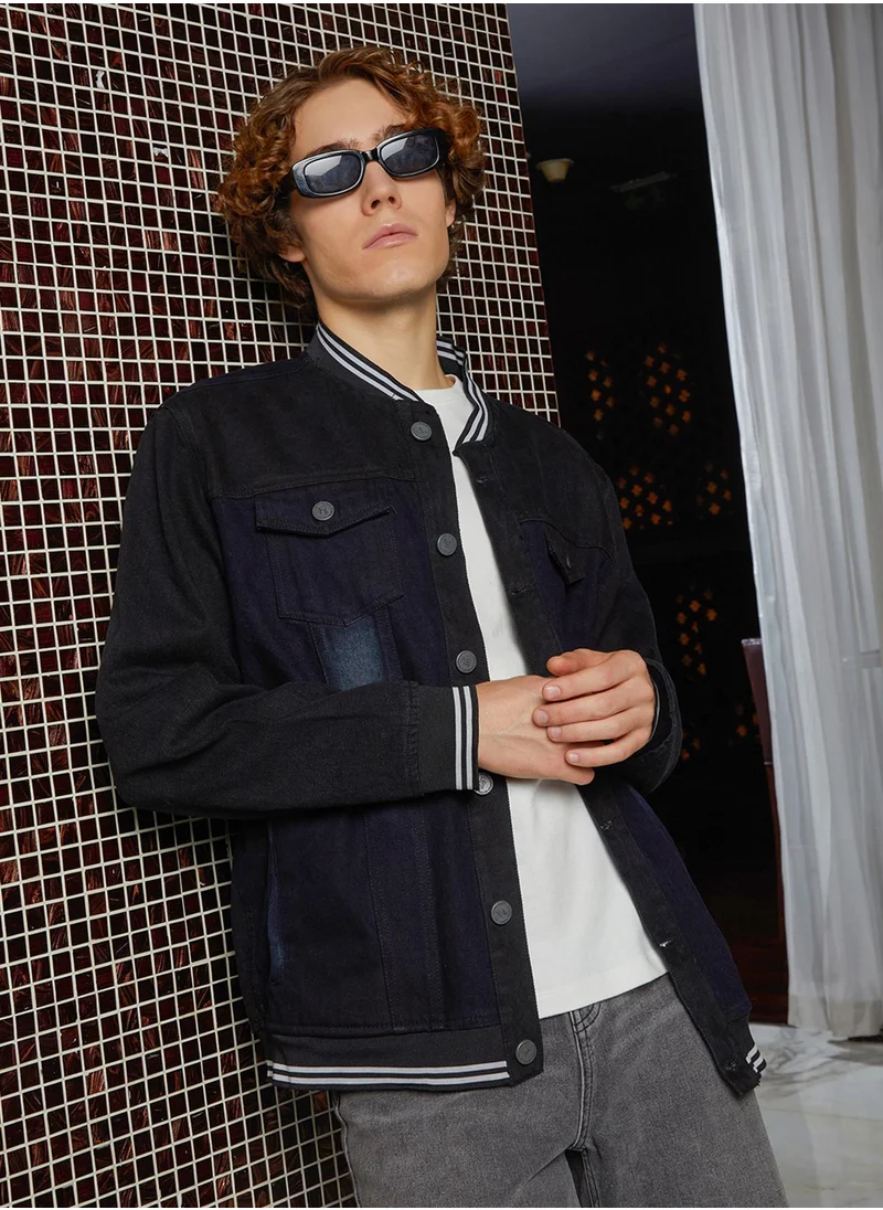 Campus Sutra Men's Prussian Blue Dark-Wash Denim Bomber Jacket