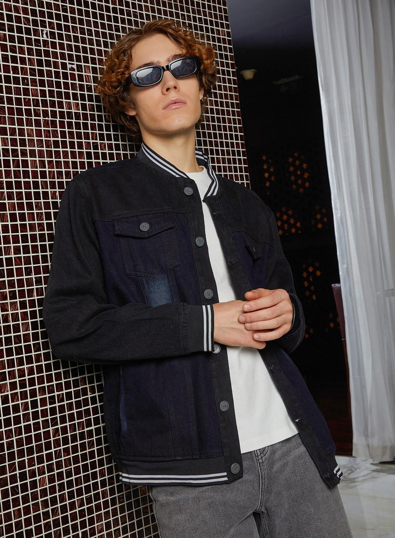 Campus Sutra Men's Prussian Blue Dark-Wash Denim Bomber Jacket  - Image 1