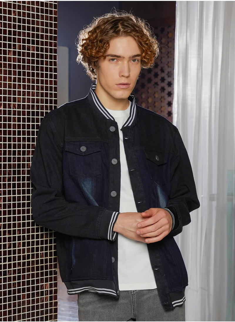 Campus Sutra Men's Prussian Blue Dark-Wash Denim Bomber Jacket
