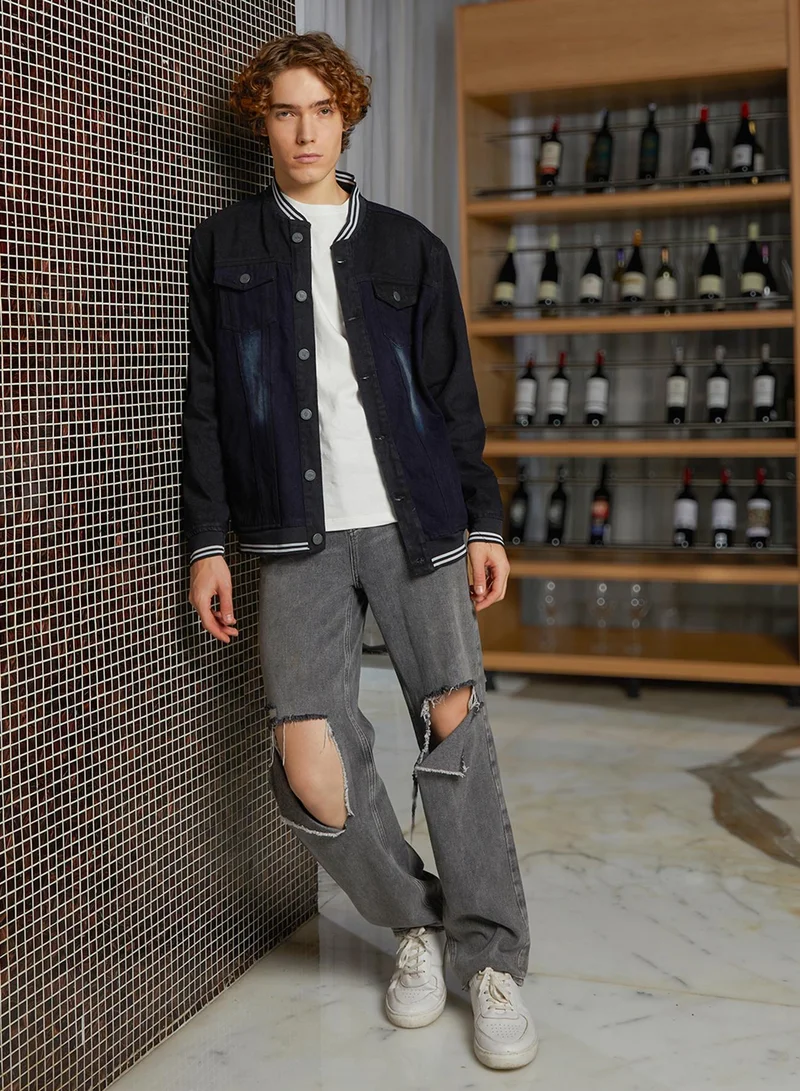 Campus Sutra Men's Prussian Blue Dark-Wash Denim Bomber Jacket