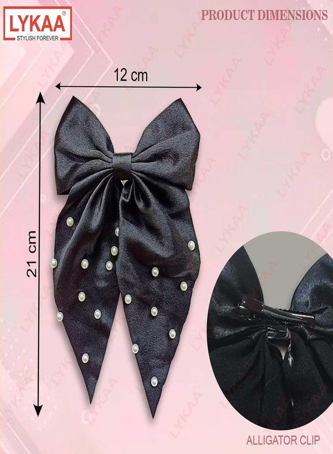 LYKAA Large Satin Hair Bow with Pearls, Oversized Long-tail Hair Accessories, Large Hair Barrettes, Big Bows Thick & Thin Hair, Nonslip Claw Clips for Women, Girls, Kids - 1 Pcs Black - Image 2