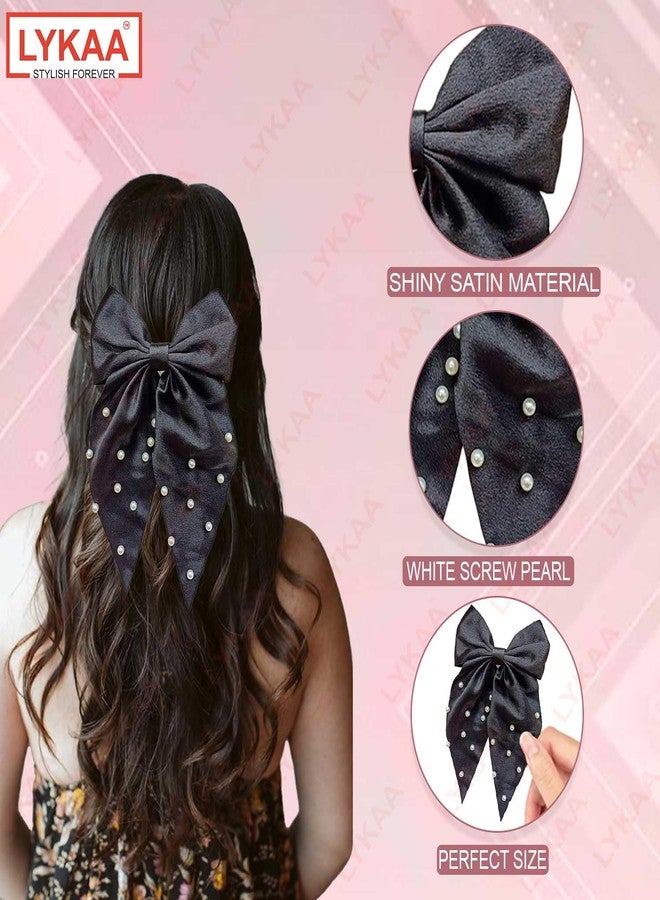 LYKAA Large Satin Hair Bow with Pearls, Oversized Long-tail Hair Accessories, Large Hair Barrettes, Big Bows Thick & Thin Hair, Nonslip Claw Clips for Women, Girls, Kids - 1 Pcs Black - Image 3