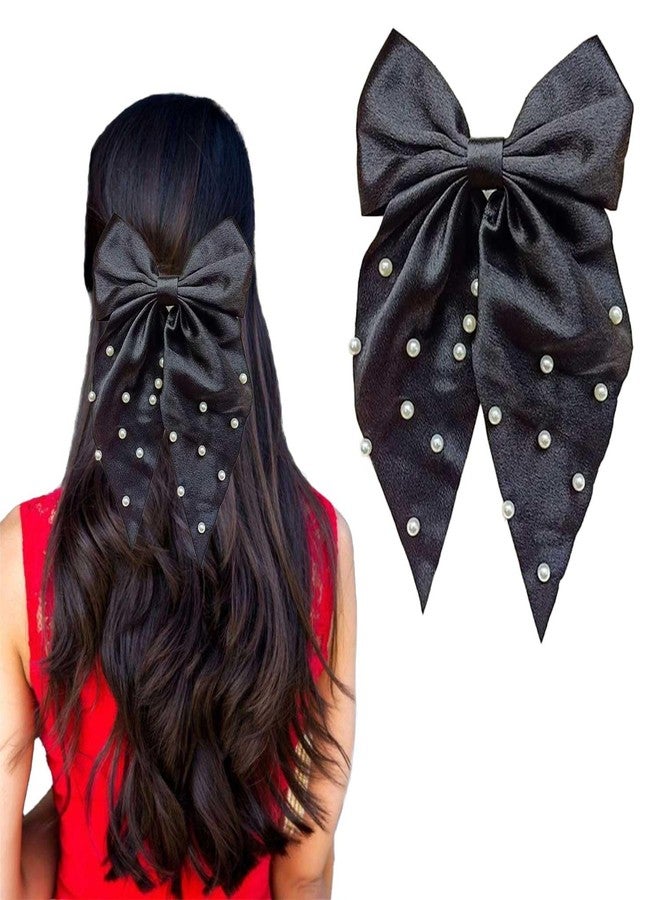 LYKAA Large Satin Hair Bow with Pearls, Oversized Long-tail Hair Accessories, Large Hair Barrettes, Big Bows Thick & Thin Hair, Nonslip Claw Clips for Women, Girls, Kids - 1 Pcs Black - Image 1