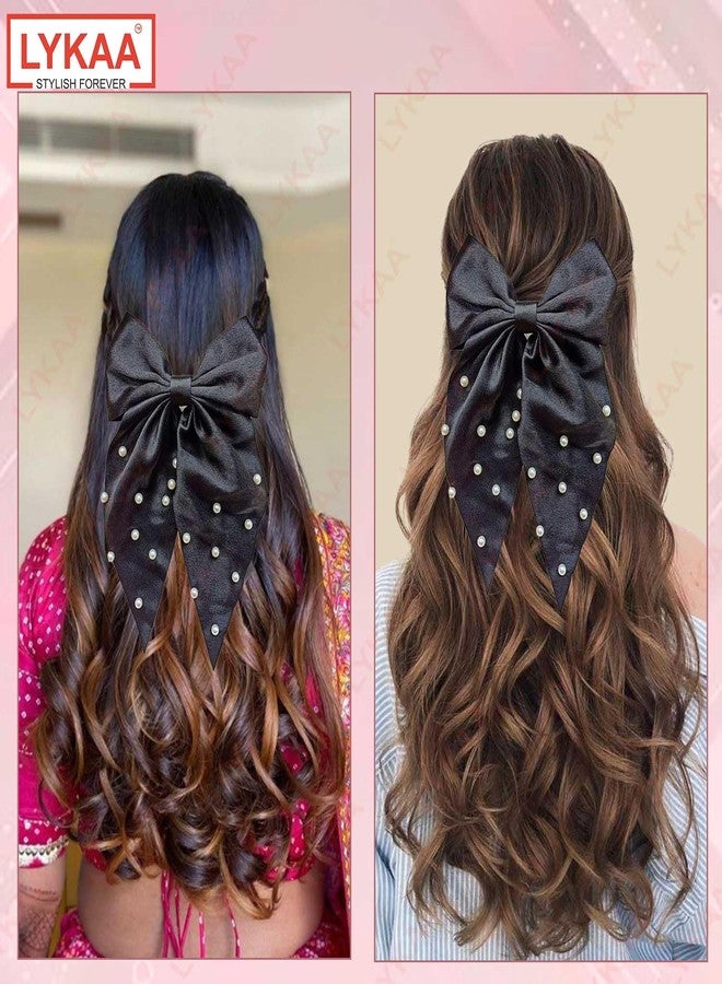 LYKAA Large Satin Hair Bow with Pearls, Oversized Long-tail Hair Accessories, Large Hair Barrettes, Big Bows Thick & Thin Hair, Nonslip Claw Clips for Women, Girls, Kids - 1 Pcs Black - Image 4