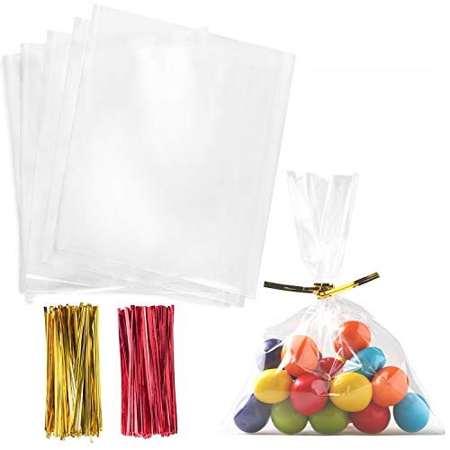 Morepack Cello Cellophane Treat Bags,5x7 Inches Clear Cellophane Bags 200 Pcs OPP Plastic Treat Bags with 200 Twist Ties for Gift Wrapping,Packaging Candies,Dessert,Bakery, Cookies, Chocolate,Party Favor - Image 1