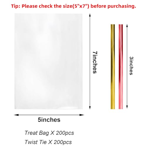 Morepack Cello Cellophane Treat Bags,5x7 Inches Clear Cellophane Bags 200 Pcs OPP Plastic Treat Bags with 200 Twist Ties for Gift Wrapping,Packaging Candies,Dessert,Bakery, Cookies, Chocolate,Party Favor - Image 2