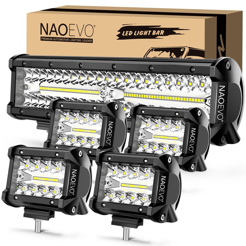 شريط إضاءة LED NAOEVO بطول 12 بوصة و 4 قطع من أضواء LED بقطر 4 بوصات 54000 لومن أضواء ضبابية للقيادة على الطرق الوعرة مجموعة من الأضواء المركزة والموزعة لشاحنات السيارات UTV ATV القوارب ضمان لمدة سنة واحدة