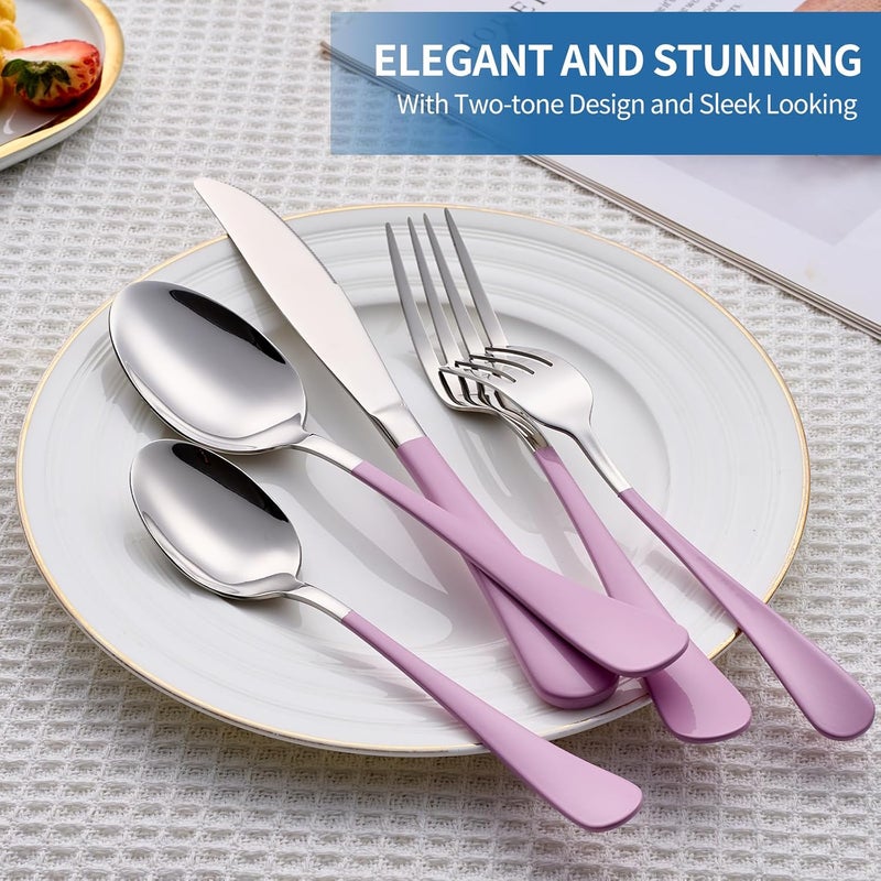 Moxinox 20-Piece Light Purple Silverware Set, 18/0 Stainless Steel Purple Handle Flatware Set, Service for 4, Modern Cutlery Set Includes Dinner Knives Forks Spoons, Mirror Polished, Dishwasher Safe - Image 3