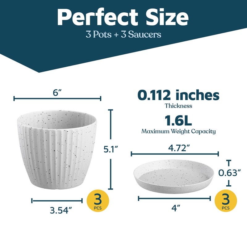 LifeMaster White Gray 6-Inch Plant Pots with Drainage & Saucers 3 Pack, Indoor & Outdoor Planters for Houseplants, Herbs, and Flowers, Durable & Weatherproof Material, Stackable, Lightweight, Minimalist Design - Image 2