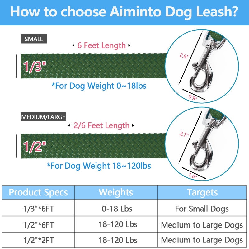 Aiminto Dog Leash, Braided Rope Traction â€“ Walking Training Lead for Medium/Large Dogs ((1/2") x 6FT, Dark Green) - Image 2