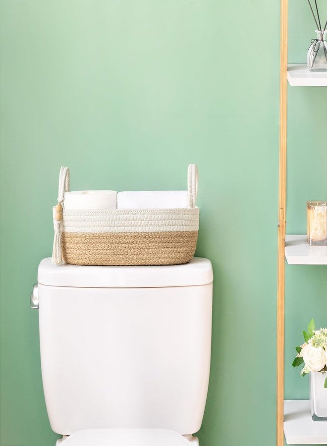 LEAZZOTE Jute Basket for Toilet Tank Top Bathroom Decor,Tray with Handle for Shelves, Farmhouse Toilet Paper Holder Organizing Bin Box for Countertop Living Room ([ WHITE-BEIGE-13X5 INCH ]) - Image 2