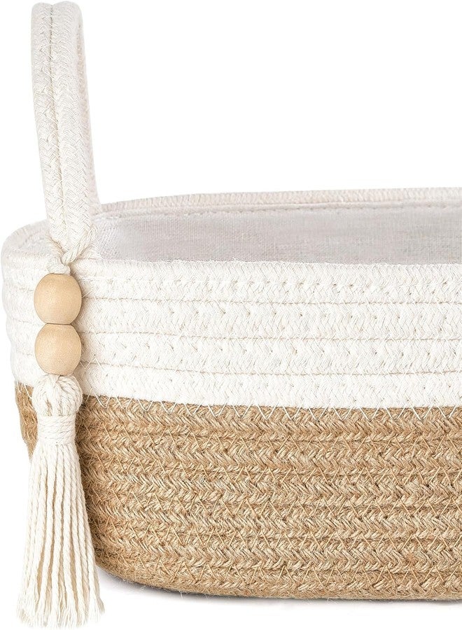 LEAZZOTE Jute Basket for Toilet Tank Top Bathroom Decor,Tray with Handle for Shelves, Farmhouse Toilet Paper Holder Organizing Bin Box for Countertop Living Room ([ WHITE-BEIGE-13X5 INCH ]) - Image 3