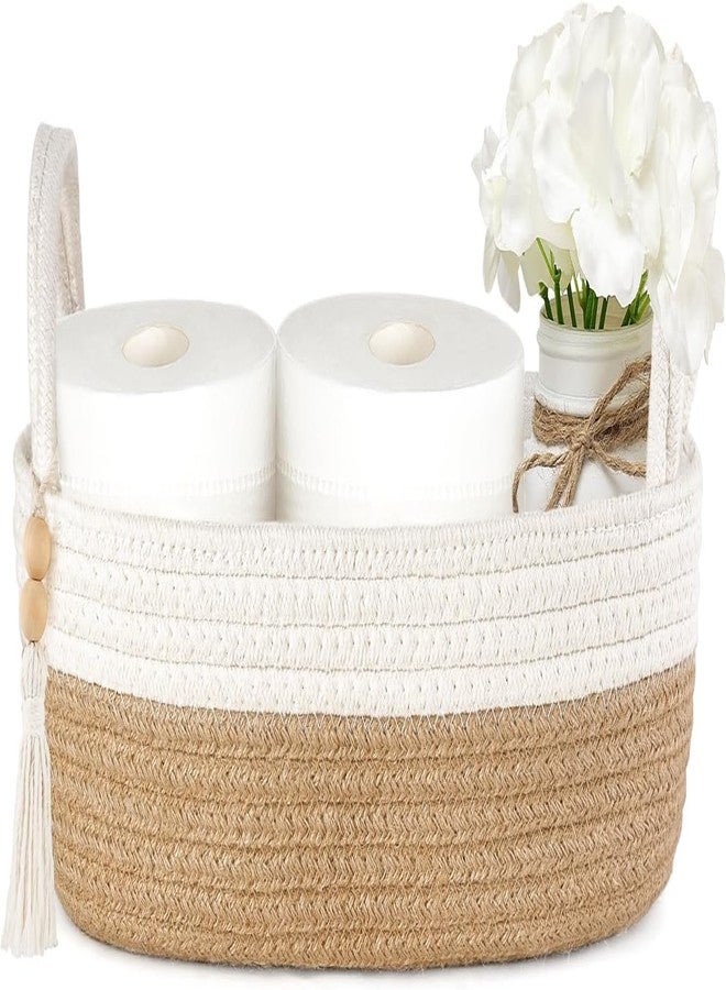 LEAZZOTE Jute Basket for Toilet Tank Top Bathroom Decor,Tray with Handle for Shelves, Farmhouse Toilet Paper Holder Organizing Bin Box for Countertop Living Room ([ WHITE-BEIGE-13X5 INCH ]) - Image 1