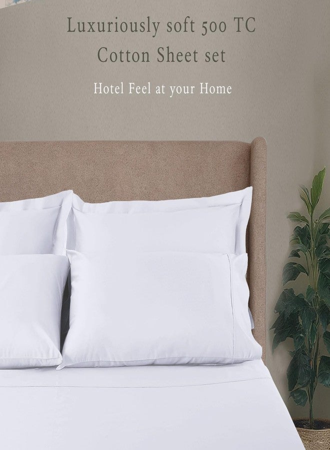 Threadmill طقم ملاءات سرير من القطن الخالص 100% من ثريدميل، مضاد للحساسية، يسمح بمرور الهواء، مقاوم للبقع، عدد الخيوط 500، لون موحد، مكون من 4 قطع (ملاءة مسطحة، ملاءة مثبتة، غطاءان للوسائد)، مقاس كوين أبيض - Image 2