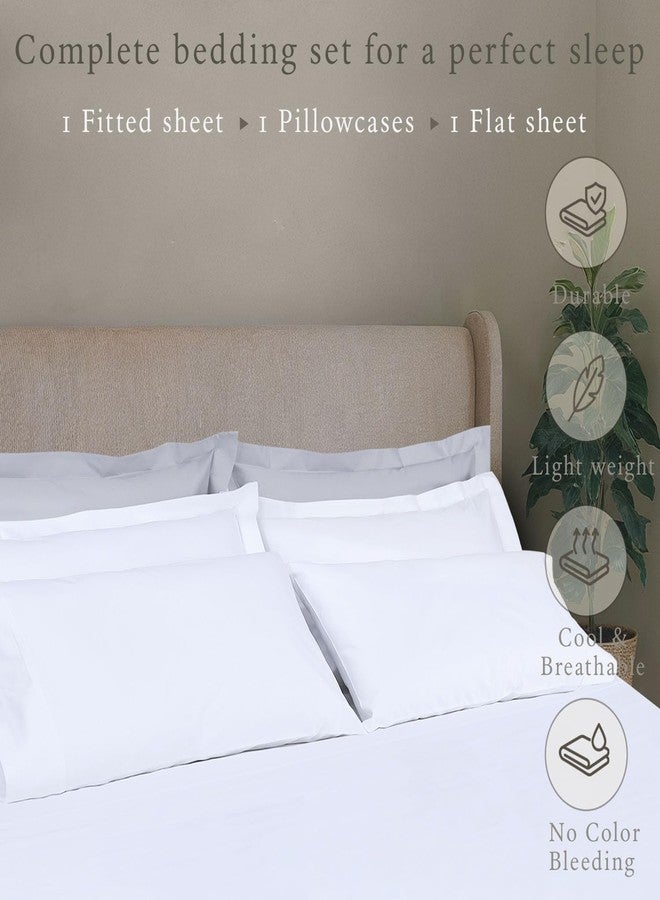 Threadmill طقم ملاءات سرير من القطن الخالص 100% من ثريدميل، مضاد للحساسية، يسمح بمرور الهواء، مقاوم للبقع، عدد الخيوط 500، لون موحد، مكون من 4 قطع (ملاءة مسطحة، ملاءة مثبتة، غطاءان للوسائد)، مقاس كوين أبيض - Image 3