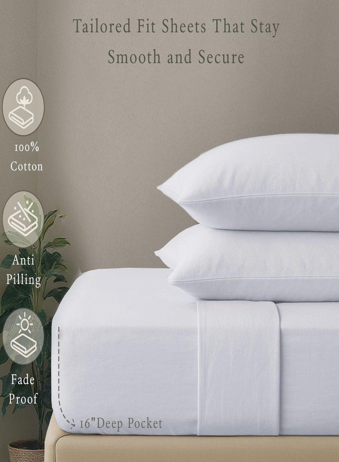 Threadmill طقم ملاءات سرير من القطن الخالص 100% من ثريدميل، مضاد للحساسية، يسمح بمرور الهواء، مقاوم للبقع، عدد الخيوط 500، لون موحد، مكون من 4 قطع (ملاءة مسطحة، ملاءة مثبتة، غطاءان للوسائد)، مقاس كوين أبيض - Image 4