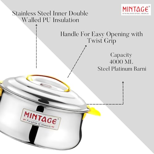 Mintage Casserole with Lid 5000 ML | Casserole for Roti Hot Case | Casserole Stainless Steel | Dolphin Hot Case Hot Pot, Food Grade | Casserole Rice-Gravy-Curry, Silver Hot Box-Steel Lid Serving Bowl - Image 2