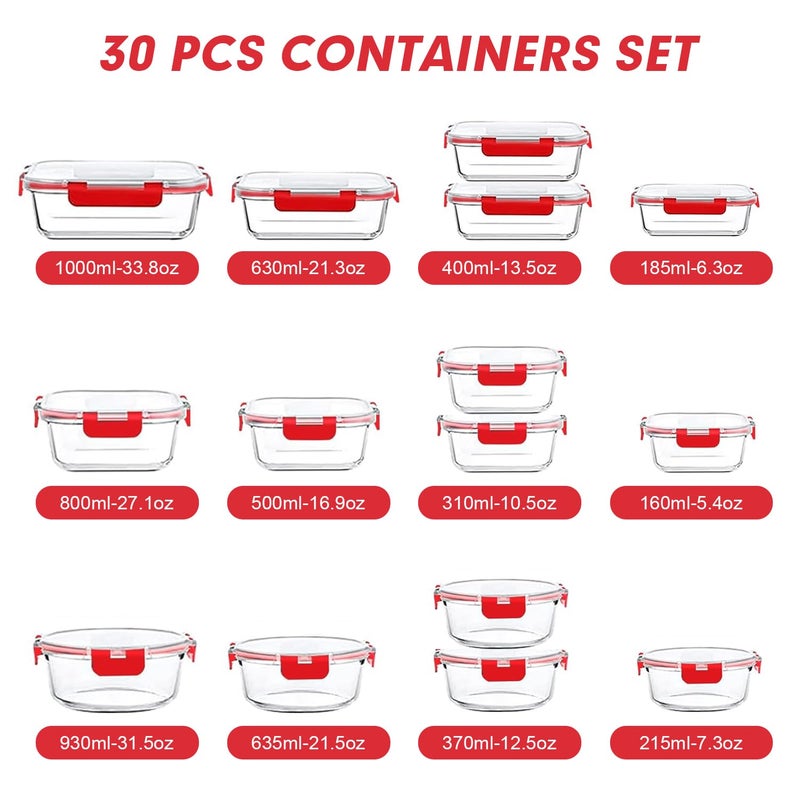 VERONES 30 Pieces Glass Meal Prep Containers Set, Stackable Glass Food Storage Containers with Lids-Airtight Lunch Containersï¼Œfor Microwave, Oven, Freezer & Dishwasher,Red - Image 2