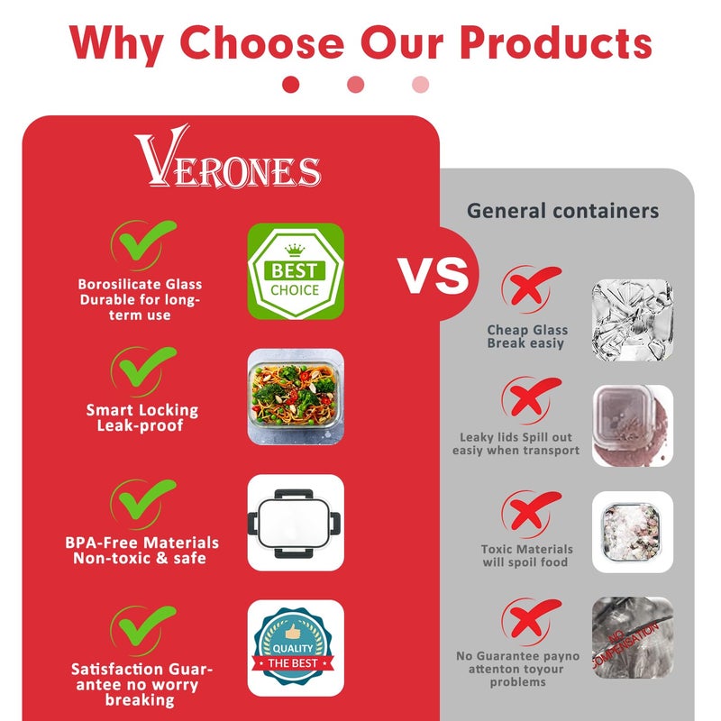 VERONES 30 Pieces Glass Meal Prep Containers Set, Stackable Glass Food Storage Containers with Lids-Airtight Lunch Containersï¼Œfor Microwave, Oven, Freezer & Dishwasher,Red - Image 5