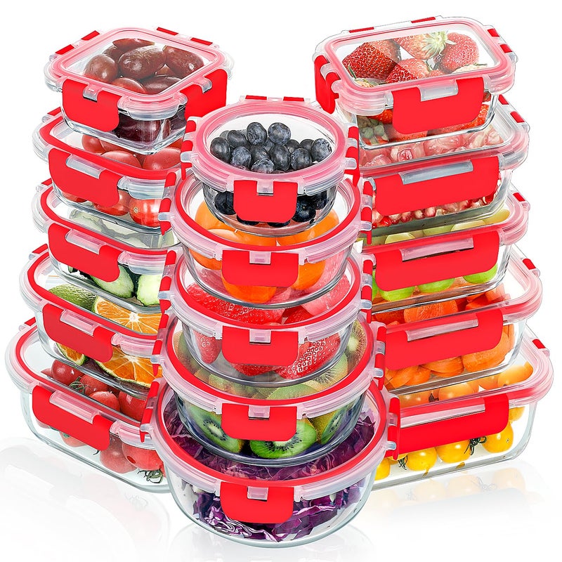 VERONES 30 Pieces Glass Meal Prep Containers Set, Stackable Glass Food Storage Containers with Lids-Airtight Lunch Containersï¼Œfor Microwave, Oven, Freezer & Dishwasher,Red - Image 1