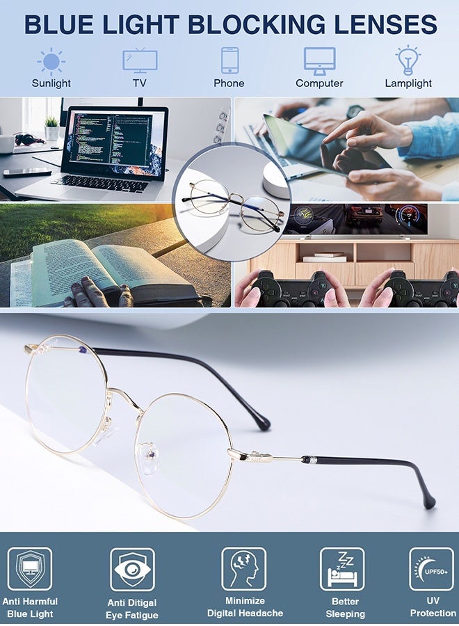 AZorb Round Blue Light Blocking Glasses for Men Women, Metal Frame Anti Blue Light Eye Glasses for Reading Computer Gaming Eyeglasses Retro Circle Style Vintage Eyewear - Image 3