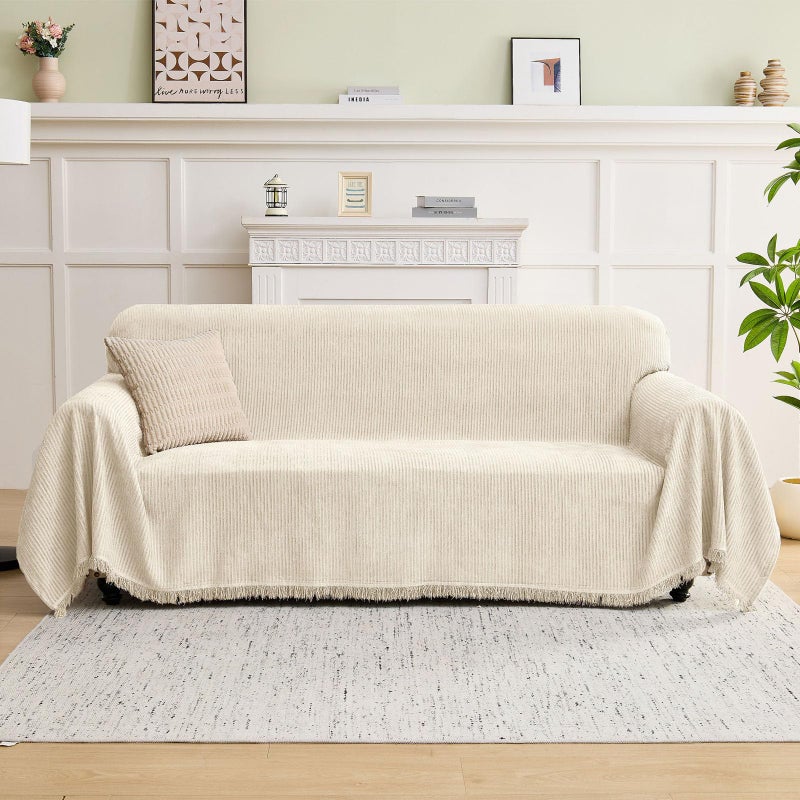 LOMAO Couch Cover Sofa Covers for 3 Cushion Sectional Couch Covers L Shape Couch Cover with Tassel Sofa Protector Washable Reversible Chenille Sofa Slipcover for Pet (Beige,Large(71 * 118)) - Image 1