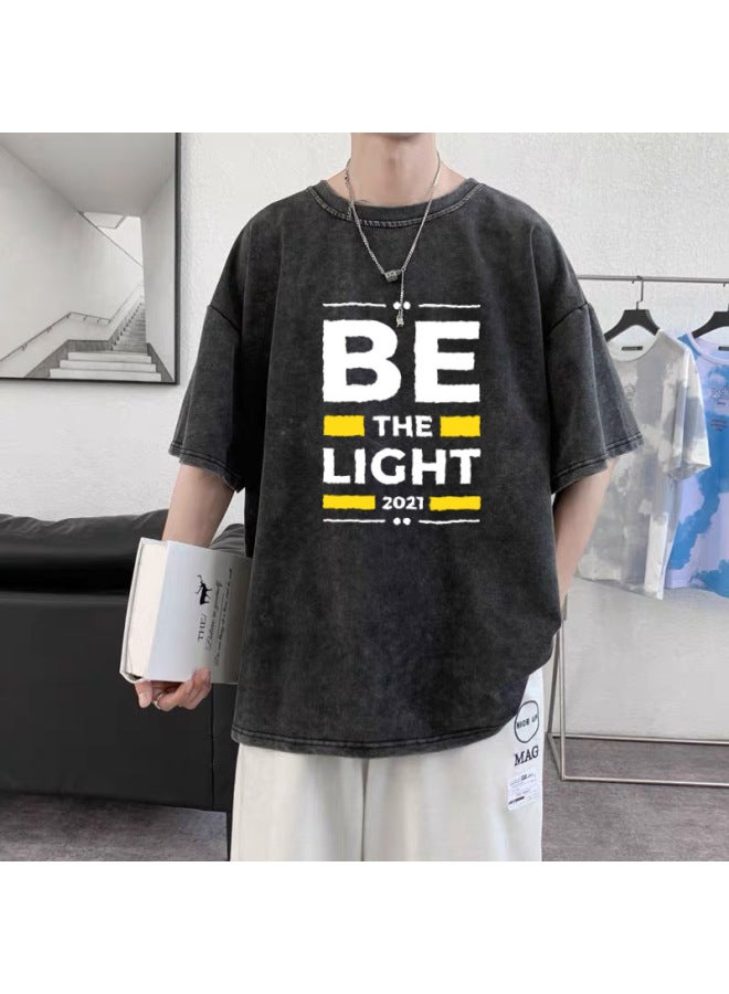 Minimalist Loose Fit Oversized Men's Printed T-shirt Distressed Washed Versatile Extra Large Can Wear Up To 300 Jin Summer Short Sleeve T-shirt