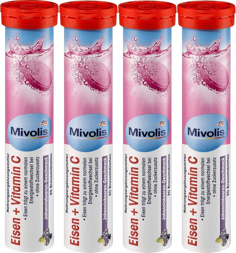 Mivolis Iron + Vitamin C Effervescent Tablets - Dietary Supplements 4 Packs x 20 pcs | Germany - Image 1